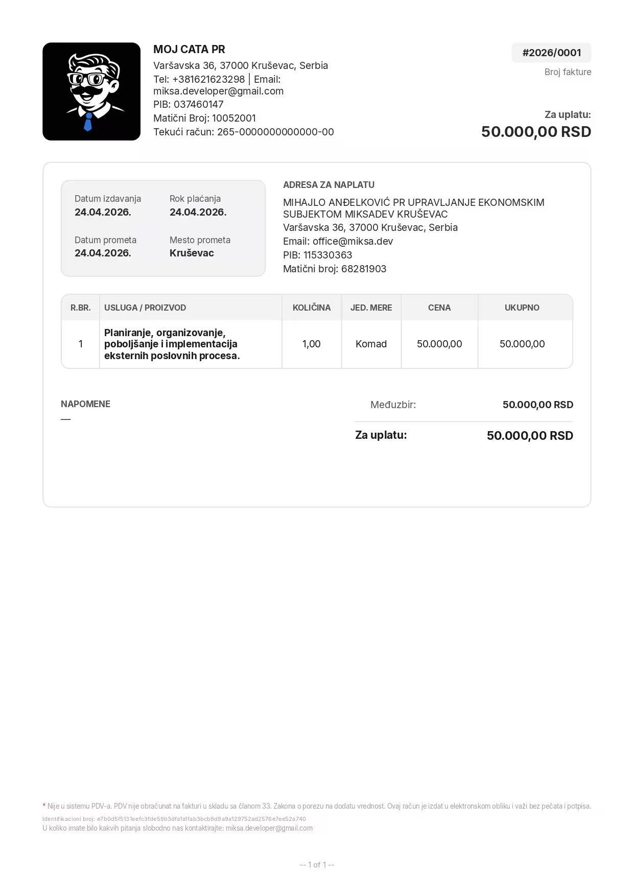 Primer generisane PDF fakture sa tabelom stavki i totalom